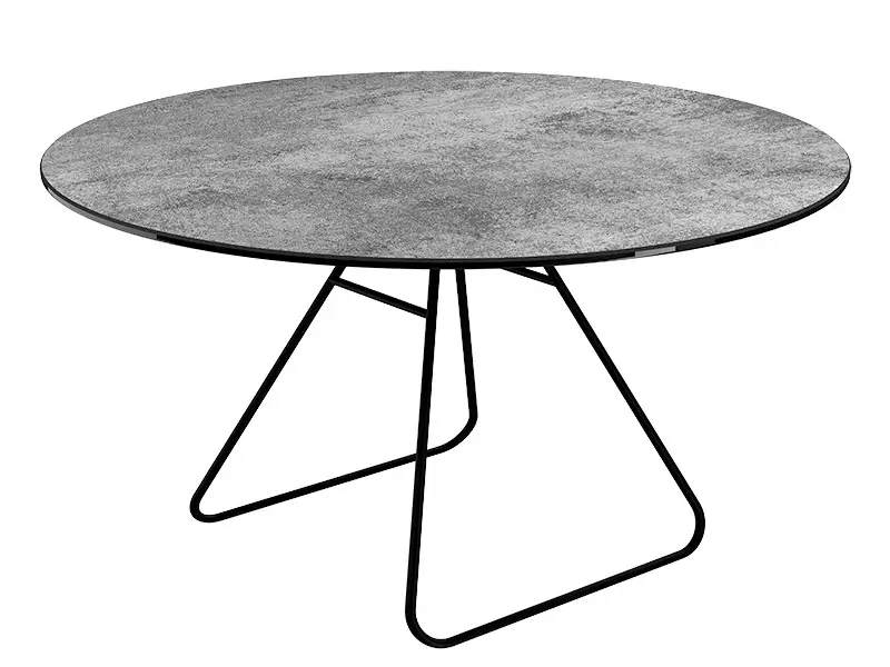 Runder Couchtisch mit grauer Steinplatte und schwarzem Metallgestell.