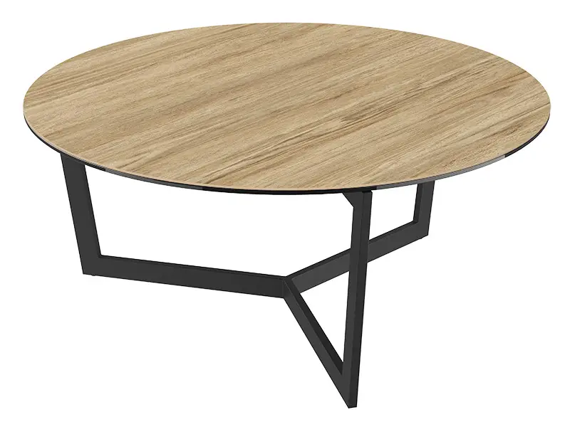 Runder Couchtisch mit einer Holzplatte und schwarzem Metallgestell.