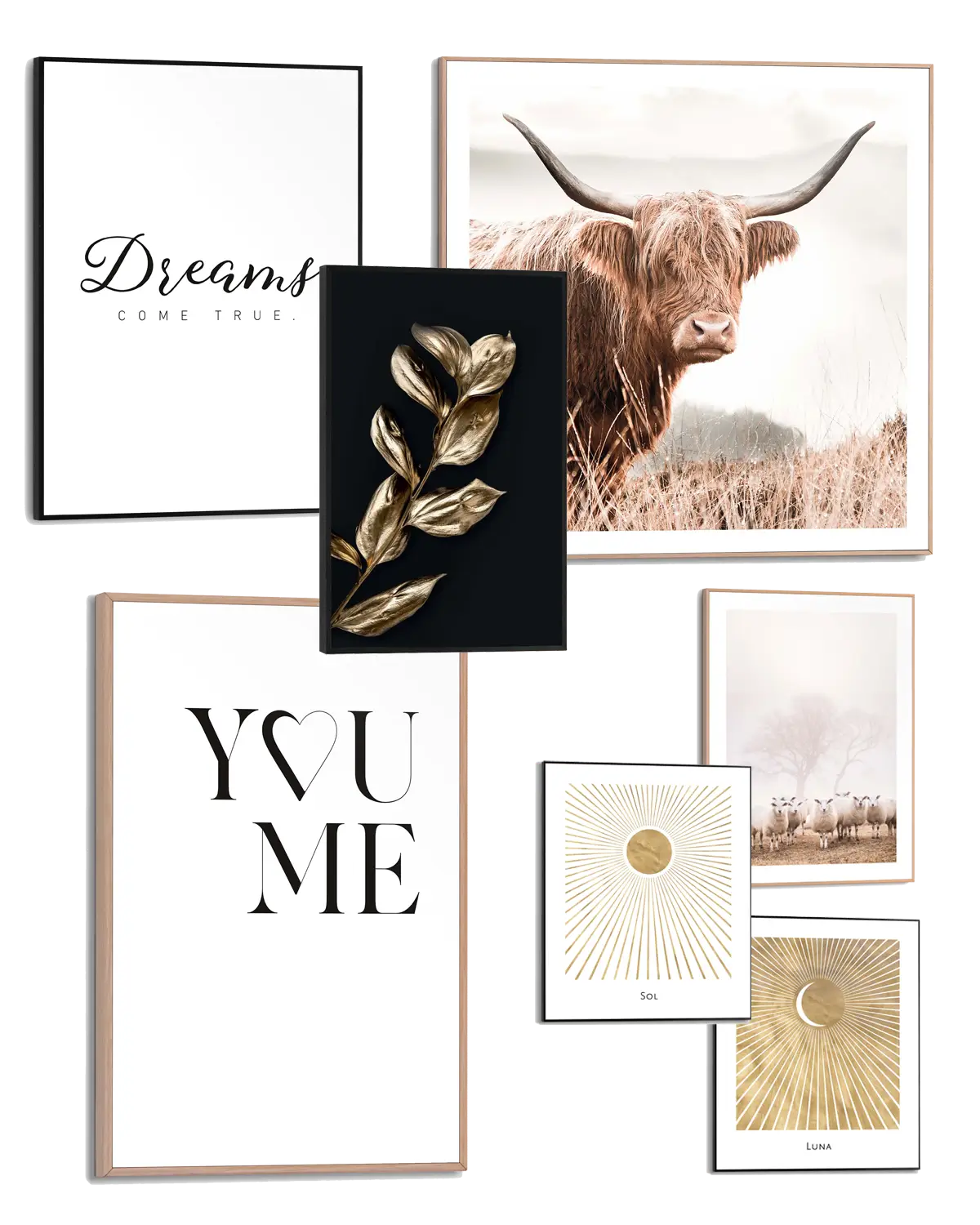 Sammlung von sechs gerahmten Wandbildern, darunter ein Spruch 'Dreams come true', ein braunes Hochlandrind, goldene Blätter auf schwarzem Hintergrund, Schriftzug 'You Me' mit Herz, und zwei goldene Darstellungen von Sonne und Mond mit den Worten 'Sol' und 'Luna'.